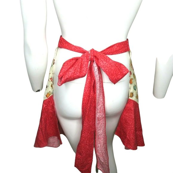 Retro Cooking Half Apron One Size Fountain Drinks Red Ruffle Pocket Tie Waist - Picture 11 of 11